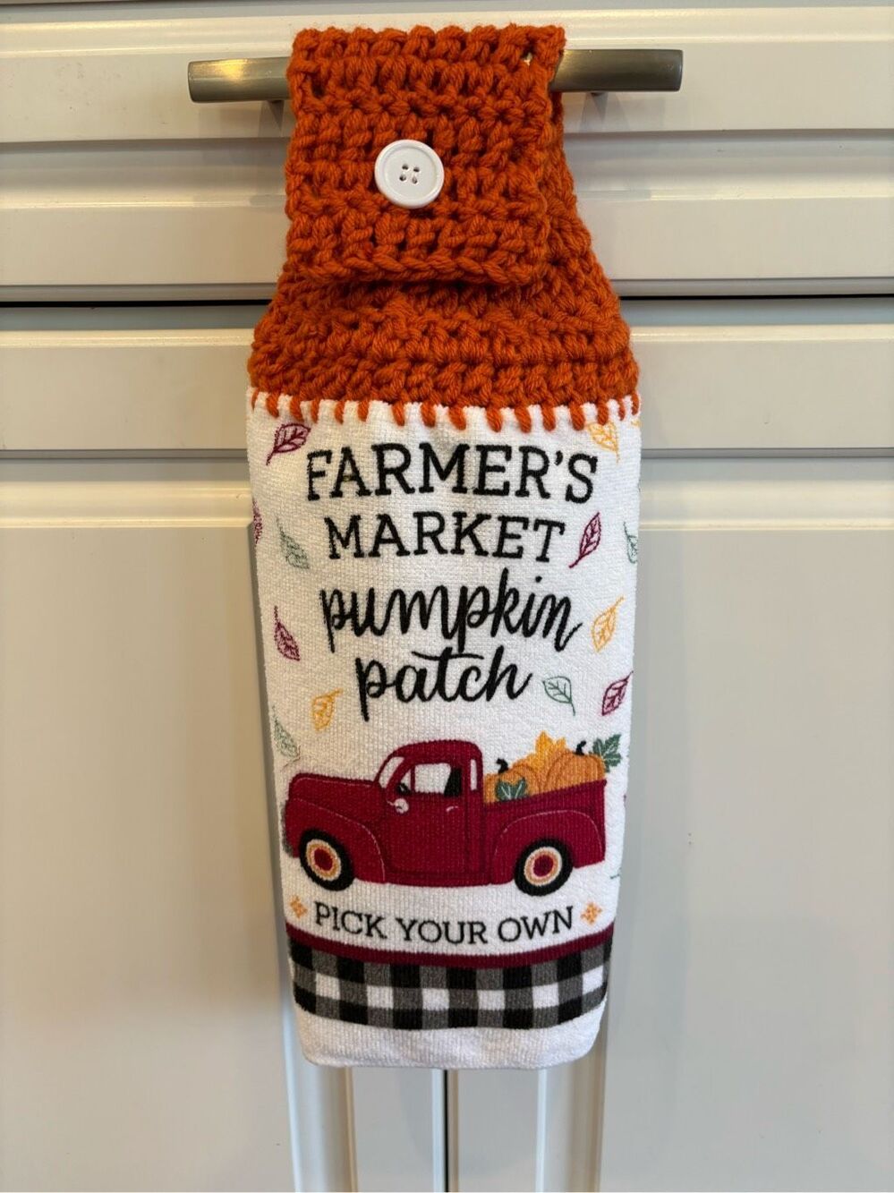 Crochet Top Kitchen towel-Farmers market pumpkin patch red truck